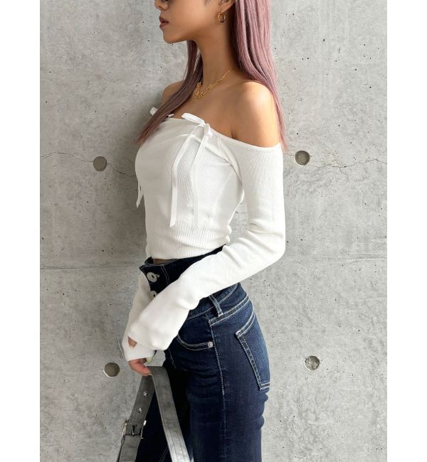 GYDA「【TINY】オフショルリボンニットトップス」|ニット・セーター|