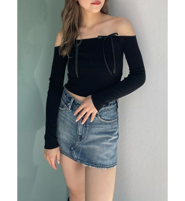 GYDA「【TINY】オフショルリボンニットトップス」|ニット・セーター|