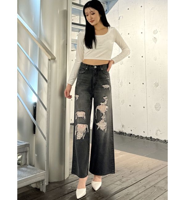GYDA「ハイウエストダメージレースPatchストレートワイドデニムパンツ」|デニム|