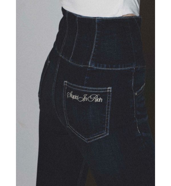 GYDA「ハイウエスト STUPID IN RICH embroideryスキニーデニムパンツ」|デニム|