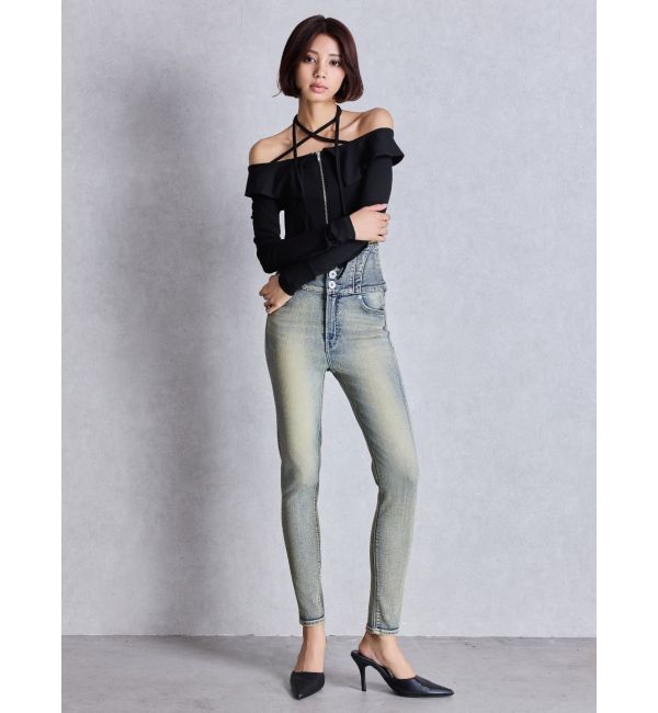 GYDA「ハイウエスト STUPID IN RICH embroideryスキニーデニムパンツ」|デニム|