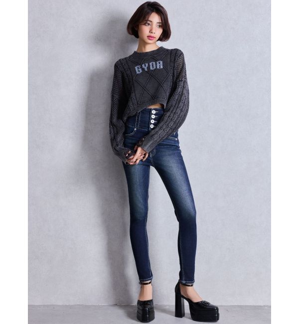 GYDA「ハイウエスト STUPID IN RICH embroideryスキニーデニムパンツ」|デニム|