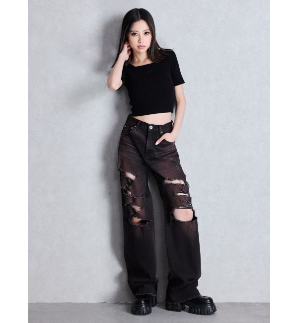 GYDA「ハイウエスト tear up damageストレートワイドデニムパンツ」|デニム|