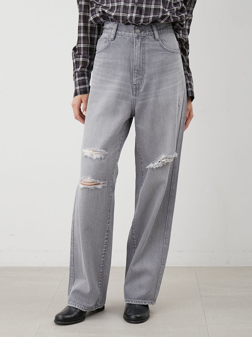 Mila Owen「ダメージ加工ルーズストレートデニムパンツ」|デニム|