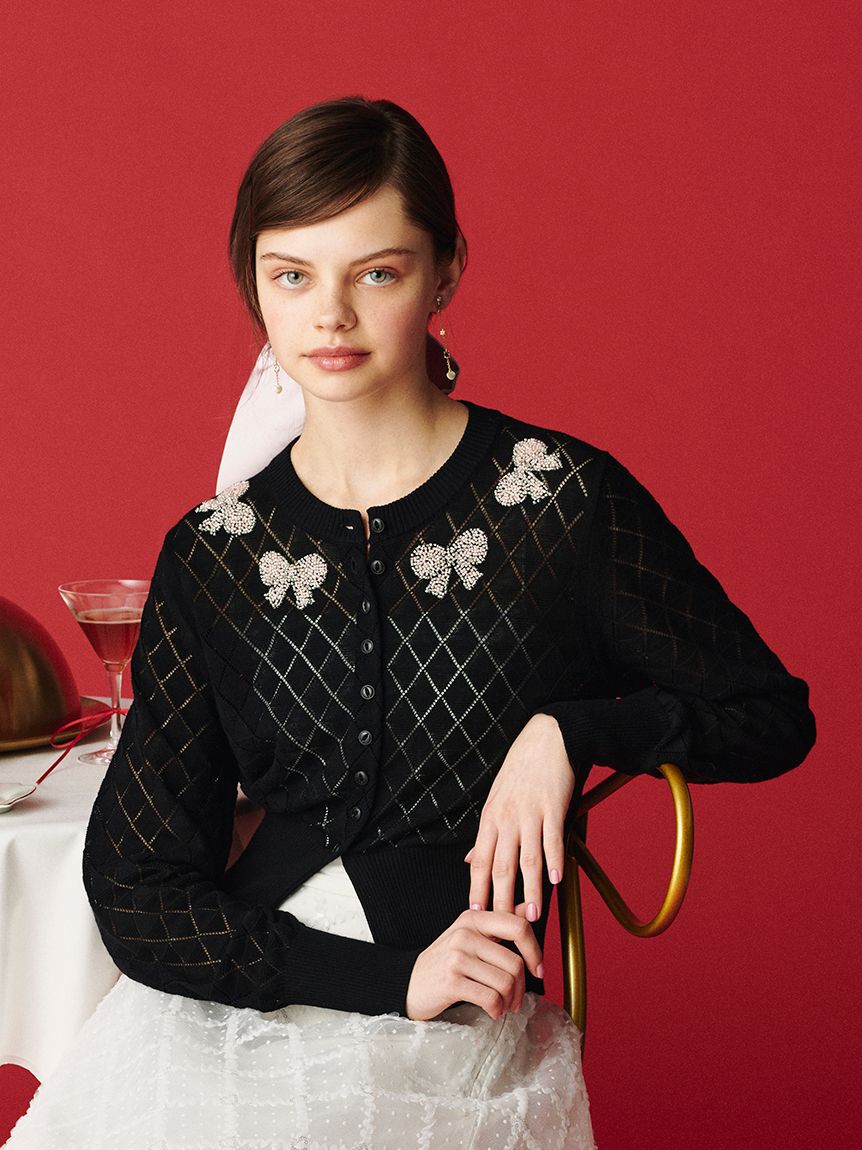 FURFUR「リボンビーズ刺繍アイレットカーディガン」|カーディガン|BLK