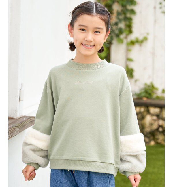 ikka kids「袖ファー刺繍ラインストーンプルオーバー（120~160cm）」|Tシャツ・カットソー|ミントグリーン