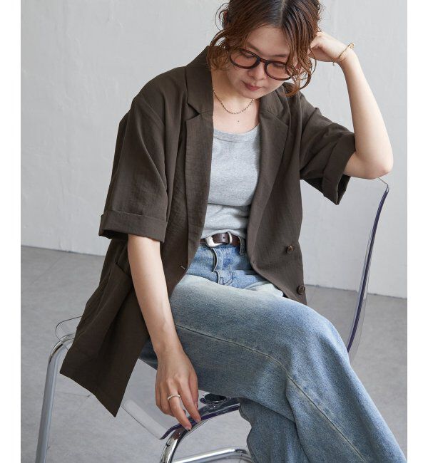 Lbc with Life「リネンライクハーフスリーブジャケット」|テーラードジャケット|ダークオリーブ