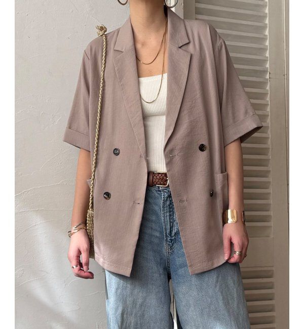 Lbc with Life「リネンライクハーフスリーブジャケット」|テーラードジャケット|グレージュ