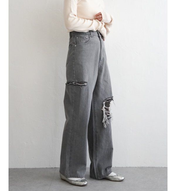 VENCE share style「ダメージワイドデニムパンツ」|デニム|グレイ