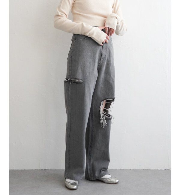VENCE share style「ダメージワイドデニムパンツ」|デニム|