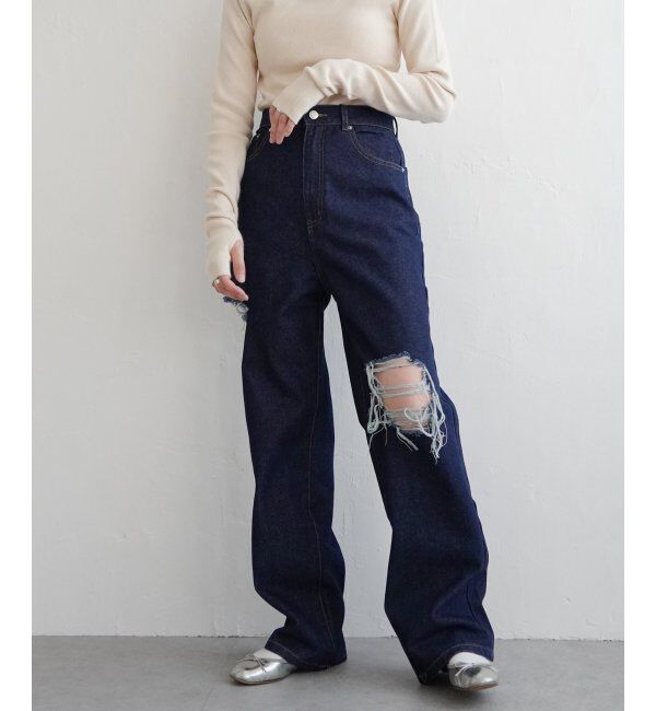 VENCE share style「ダメージワイドデニムパンツ」|デニム|ネイビー