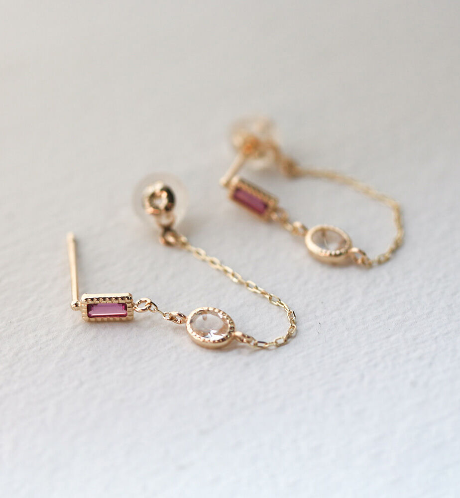  「ロードライトガーネット / ロイヤルブルームーンストーン チェーンフープ ピアス | K10YG」|ピアス|