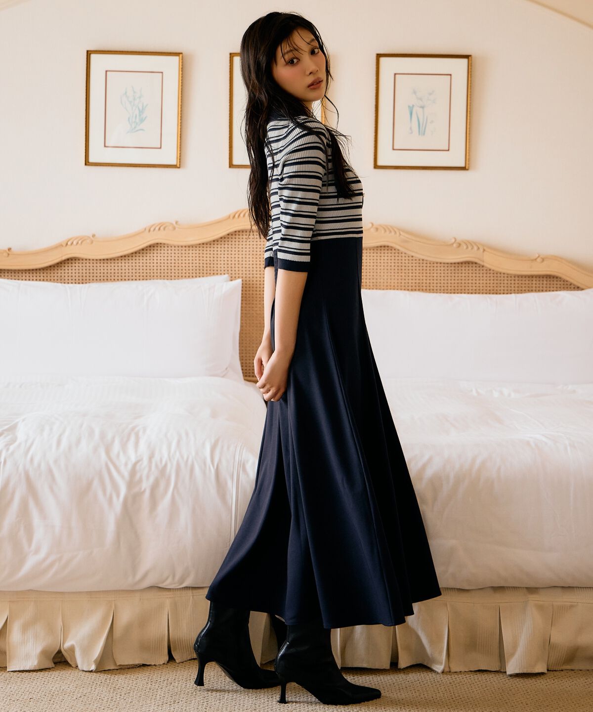 アンドクチュール「襟付きボーダードッキングワンピース」|ワンピース|