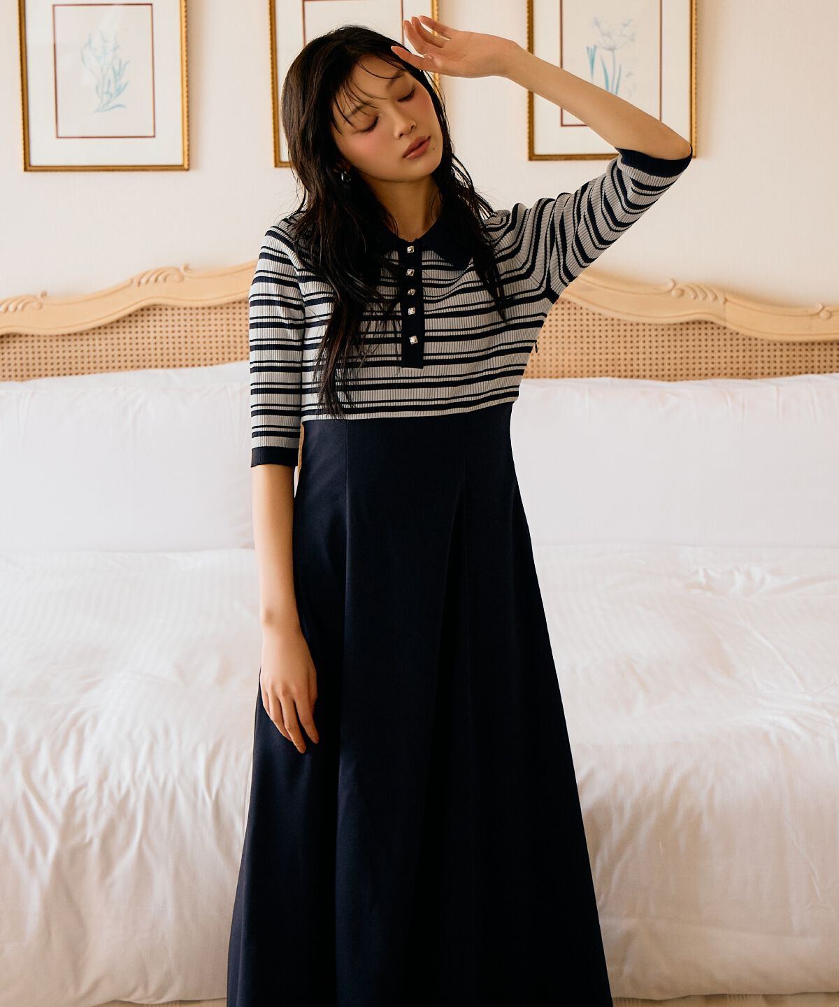 アンドクチュール「襟付きボーダードッキングワンピース」|ワンピース|