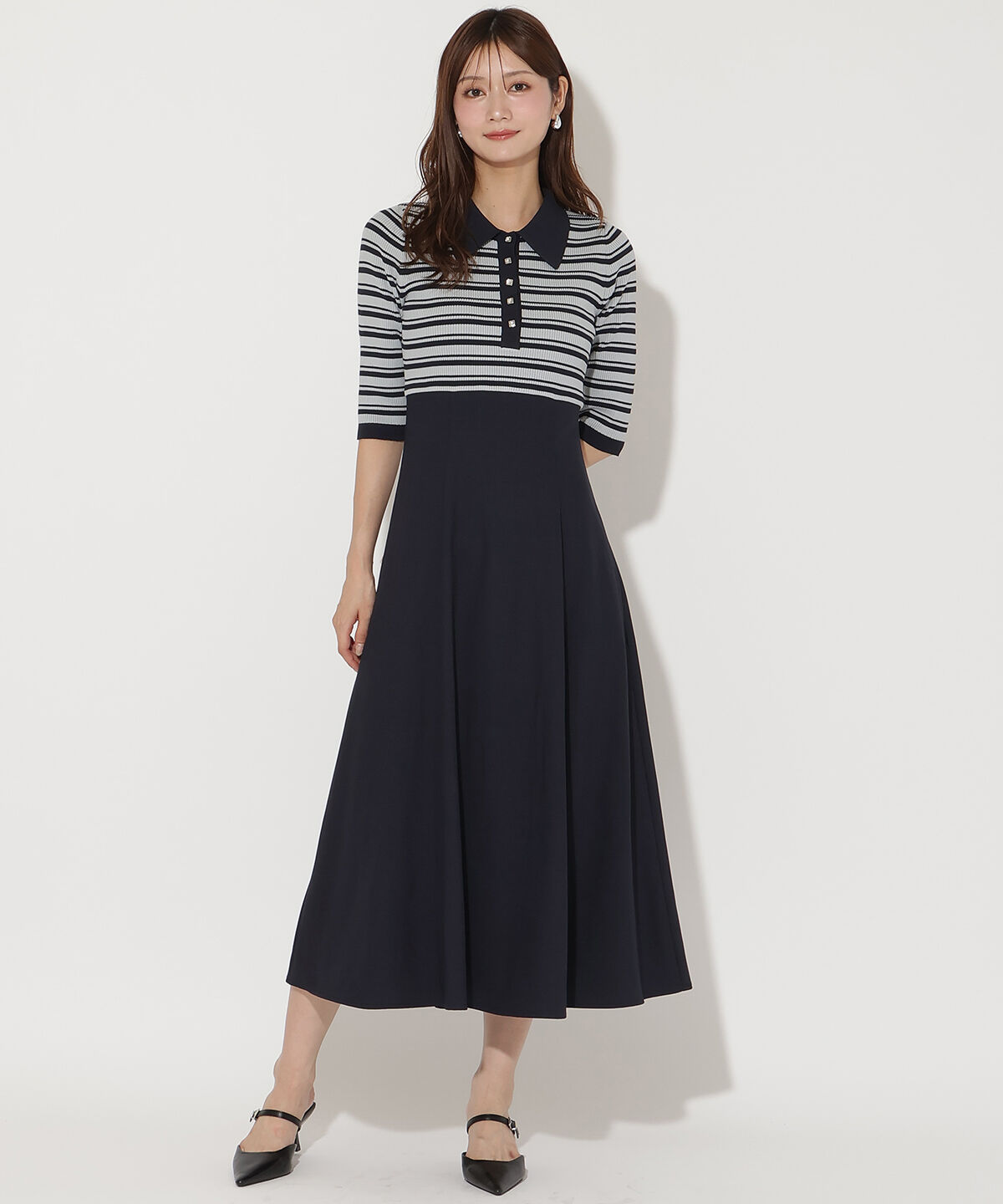 アンドクチュール「襟付きボーダードッキングワンピース」|ワンピース|