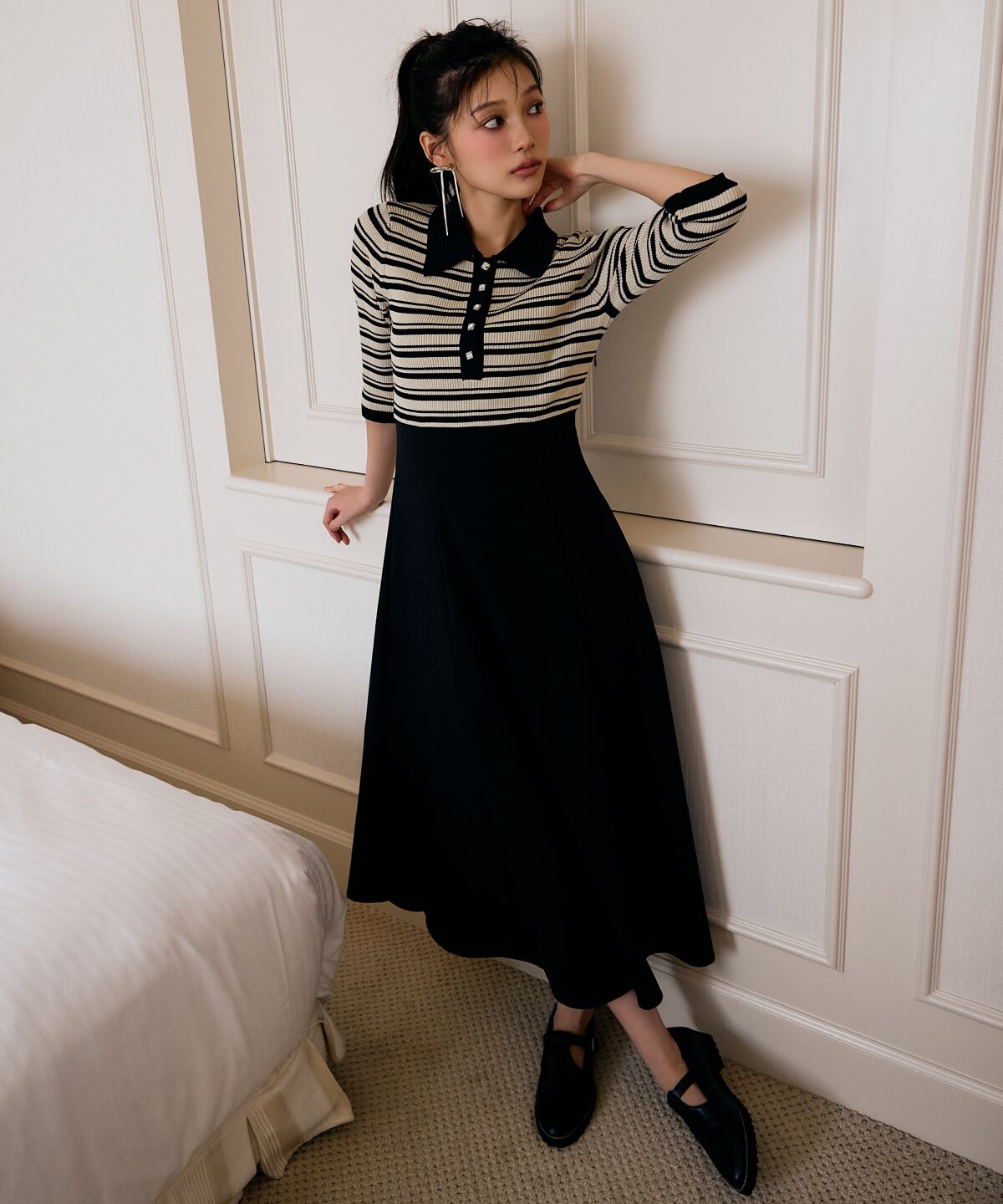 アンドクチュール「襟付きボーダードッキングワンピース」|ワンピース|