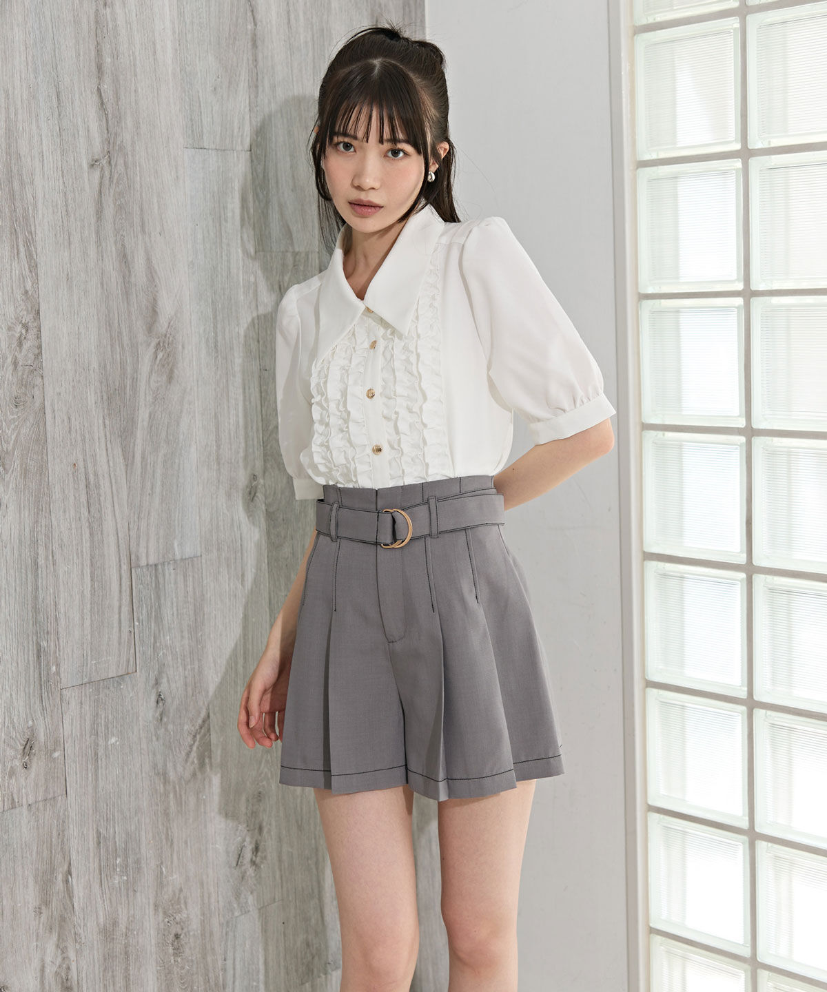 REDYAZEL「配色ステッチハイウエストタックショートパンツ」|キュロット|