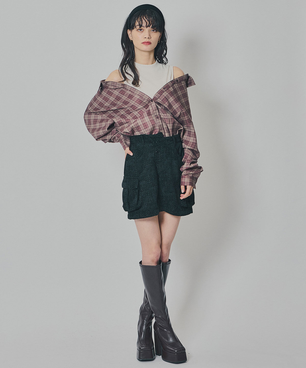 REDYAZEL「モールツイードカーゴミニスカート」|台形|