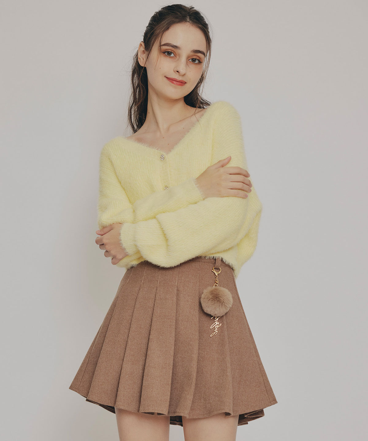 REDYAZEL「ファーチャームウールライクプリーツミニスカート」|フレア|