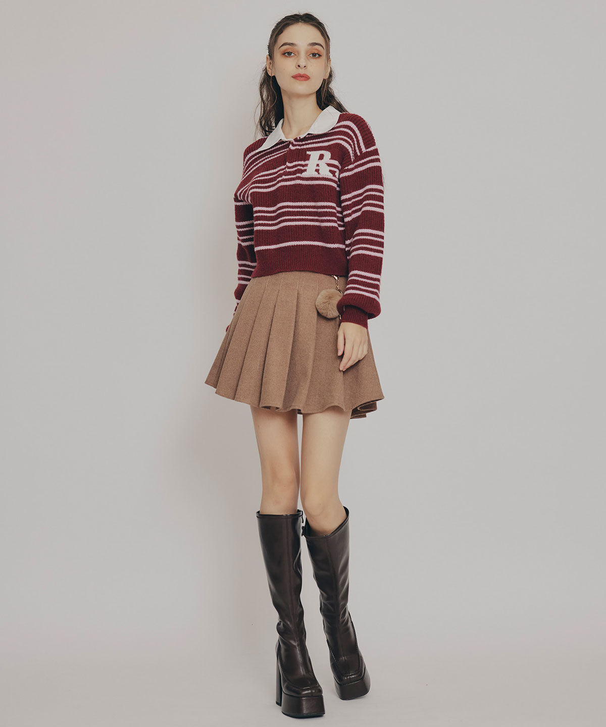 REDYAZEL「ファーチャームウールライクプリーツミニスカート」|フレア|