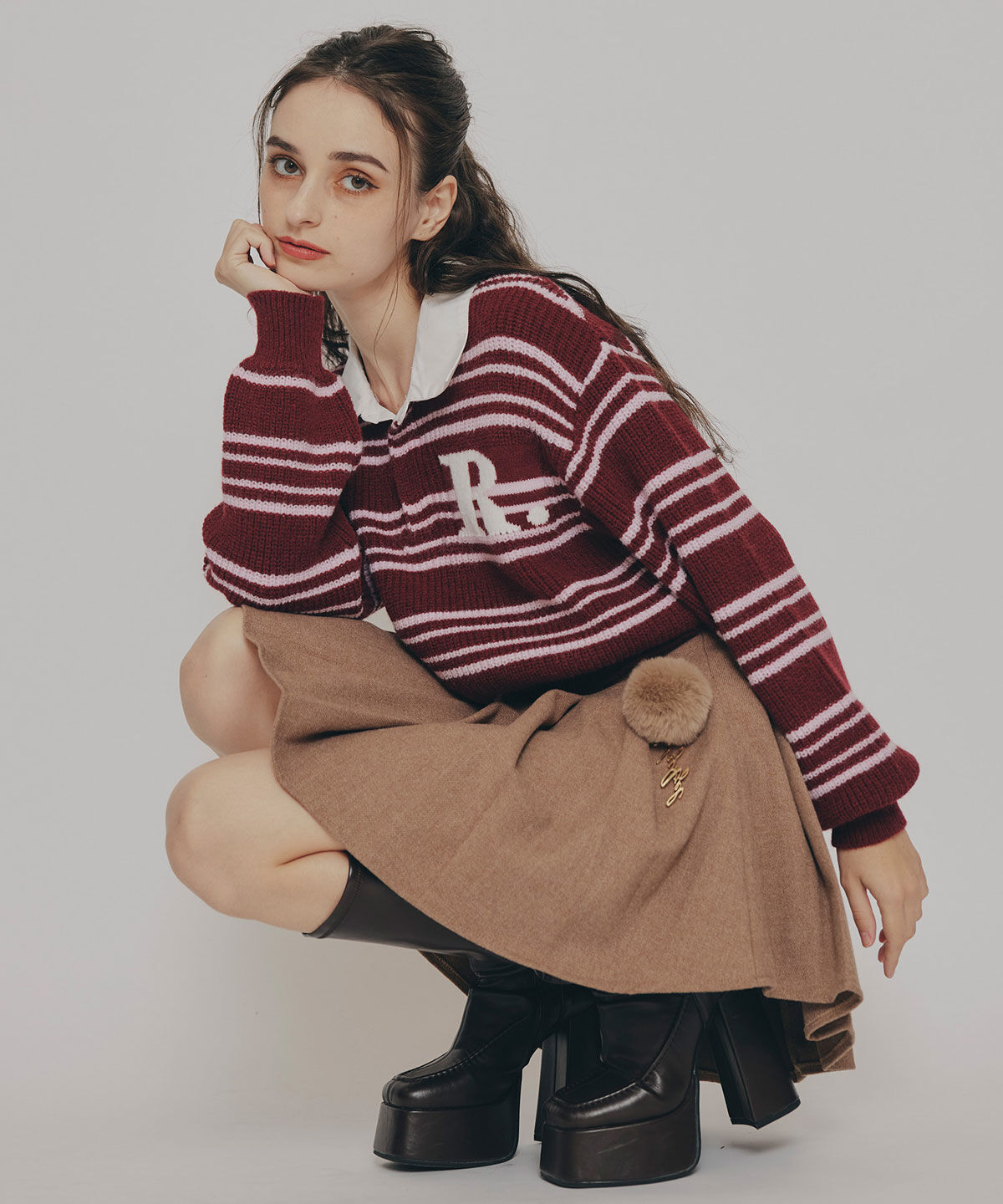 REDYAZEL「ファーチャームウールライクプリーツミニスカート」|フレア|