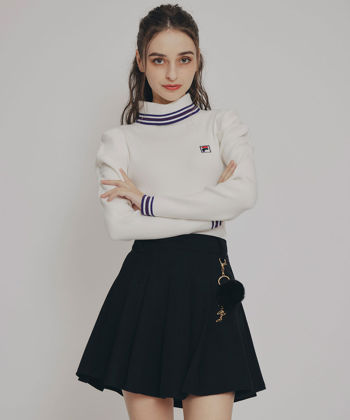 REDYAZEL「ファーチャームウールライクプリーツミニスカート」|フレア|