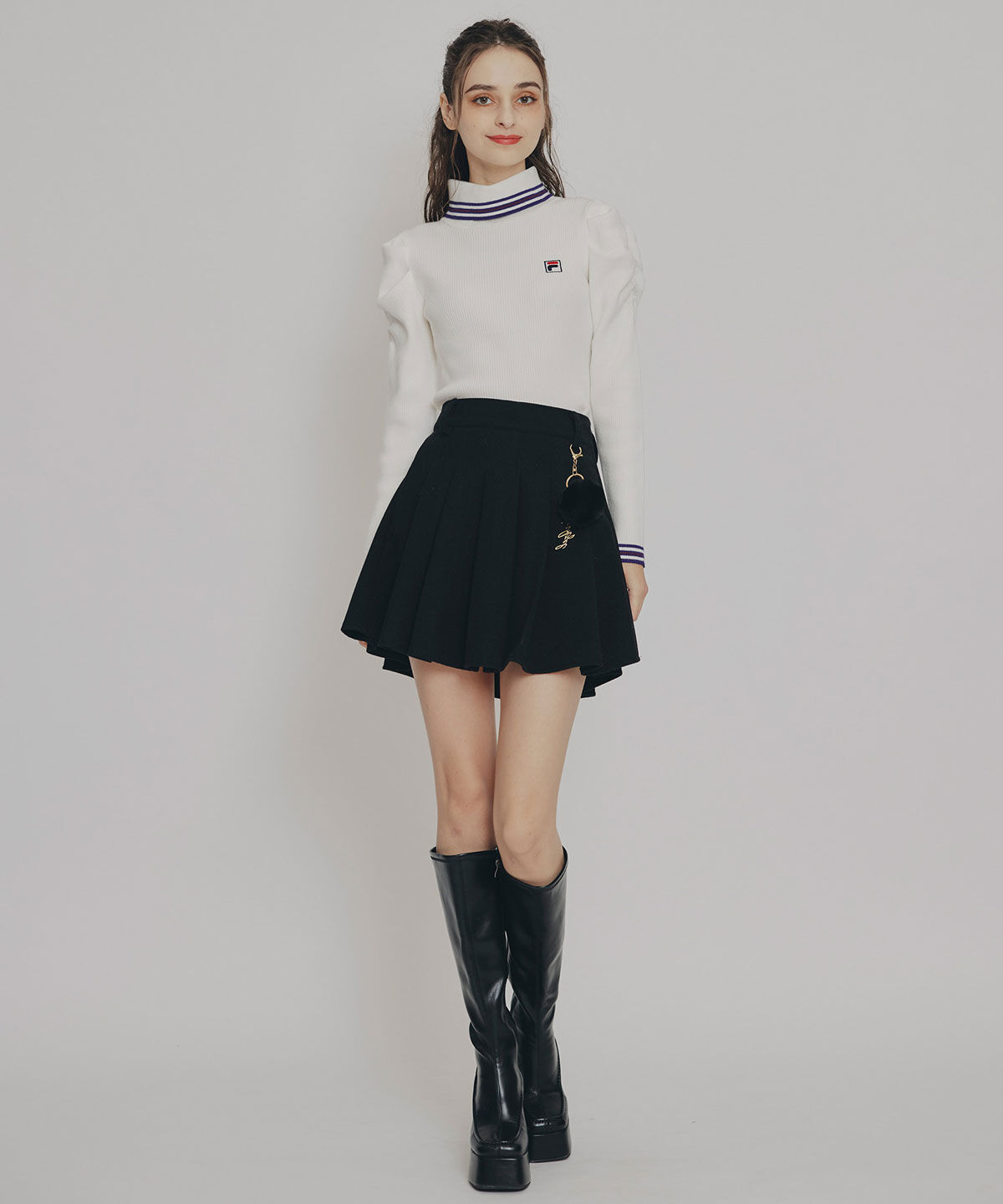 REDYAZEL「ファーチャームウールライクプリーツミニスカート」|フレア|