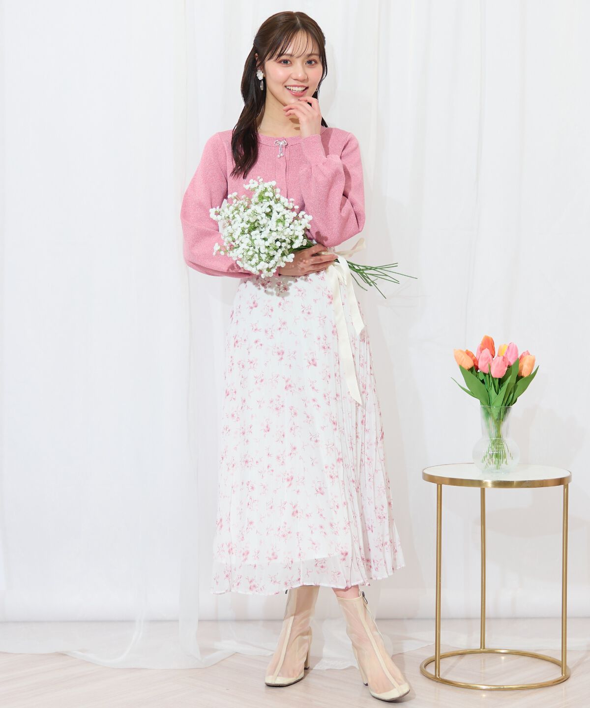 WILLSELECTION「ランダムプリーツフラワースカート」|フレア|