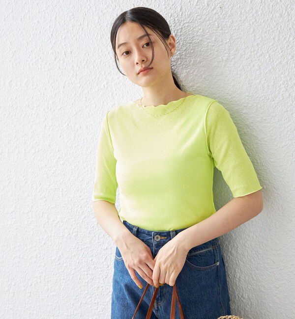 SHIPS for women「〈手洗い可能〉ドライテレコ ボートネック 5分袖 カットソー」|Tシャツ・カットソー|ライトグリーン