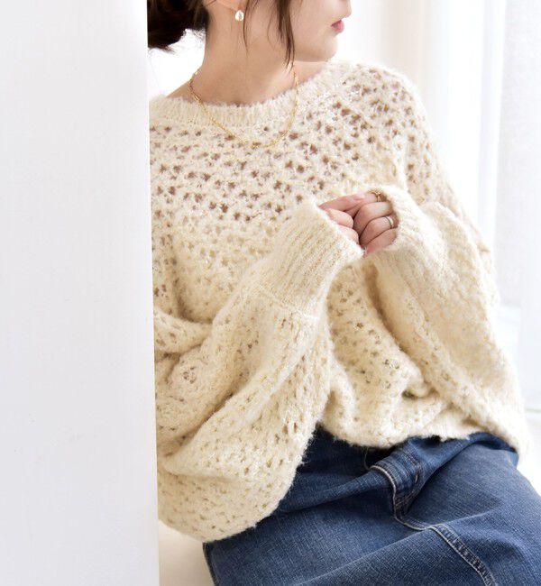 quaranciel「quaranciel:〈手洗い可能〉スパンコール レース編み クルーネック ドルマン ルーズ ニット」|ニット・セーター|