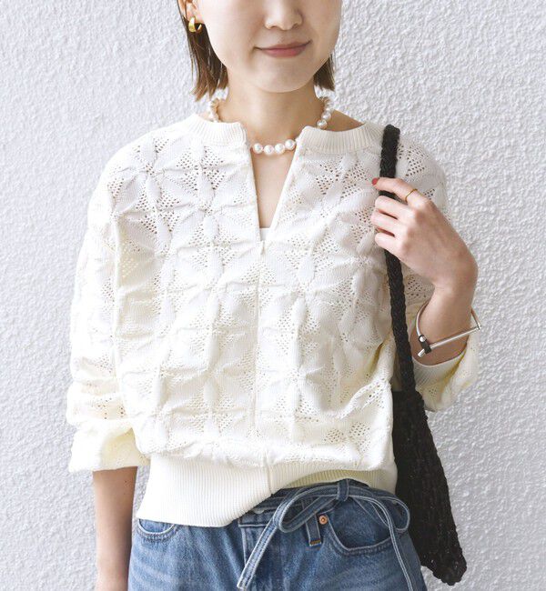 SHIPS for women「【WEB限定】〈洗濯機可能〉2WAY フラワー ジャカード ハーフ ジップ プルオーバー」|ニット・セーター|オフホワイト