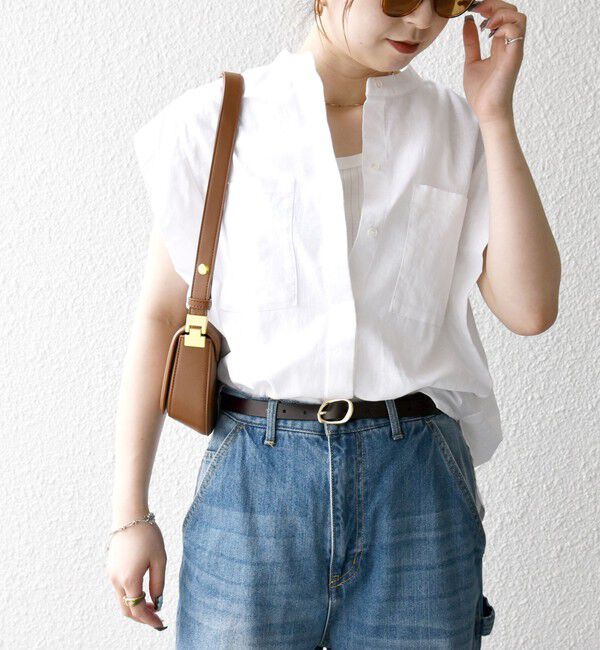 SHIPS any「SHIPS any:〈洗濯機可能〉リネン コットン バンドカラー フレンチスリーブ ポケット シャツ」|シャツ・ブラウス|