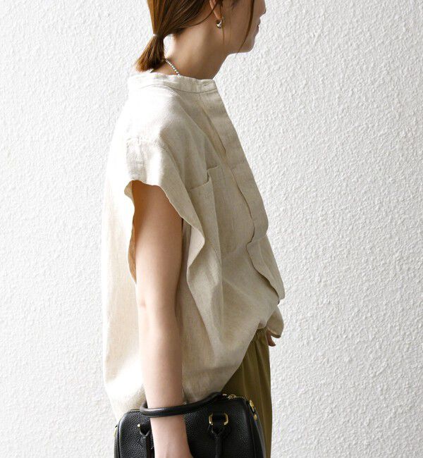 SHIPS any「SHIPS any:〈洗濯機可能〉リネン コットン バンドカラー フレンチスリーブ ポケット シャツ」|シャツ・ブラウス|