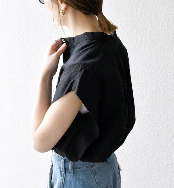 SHIPS any「SHIPS any:〈洗濯機可能〉リネン コットン バンドカラー フレンチスリーブ ポケット シャツ」|シャツ・ブラウス|