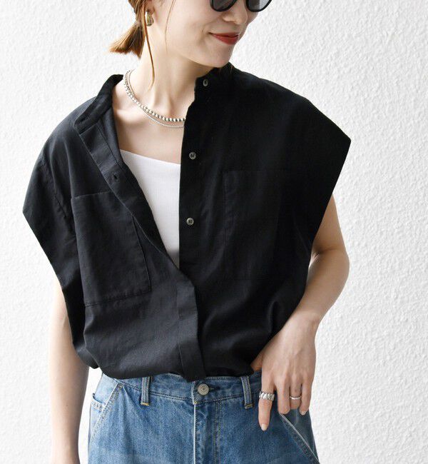 SHIPS any「SHIPS any:〈洗濯機可能〉リネン コットン バンドカラー フレンチスリーブ ポケット シャツ」|シャツ・ブラウス|