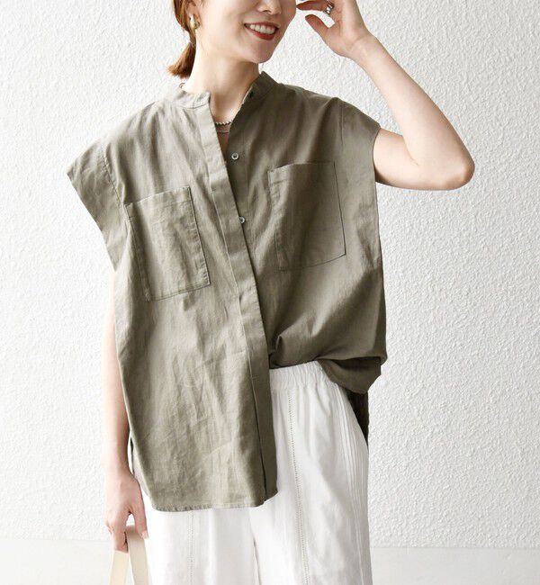 SHIPS any「SHIPS any:〈洗濯機可能〉リネン コットン バンドカラー フレンチスリーブ ポケット シャツ」|シャツ・ブラウス|