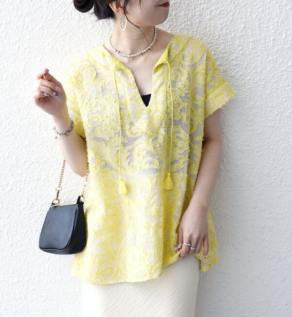 SHIPS any「《追加予約》SHIPS any:〈手洗い可能〉メッシュ ジャカード カフタン スキッパー ブラウス」|シャツ・ブラウス|