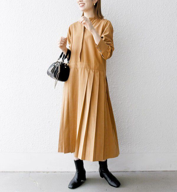 SHIPS any「SHIPS any:〈洗濯機可能〉ピーチスキン サイド プリーツ バンドカラー シャツ ワンピース」|ワンピース|