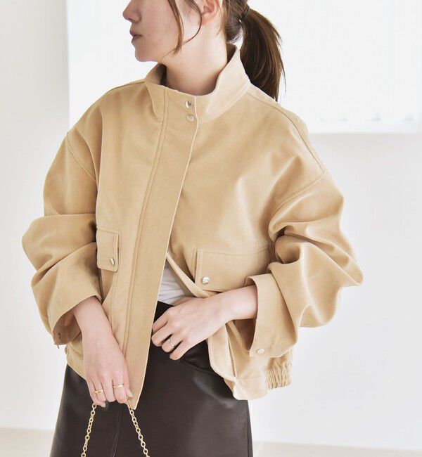 quaranciel「quaranciel〈洗濯機可能〉ポリエステル スエード スタンドカラー ジップ ショート ブルゾン」|ブルゾン・スタジャン|