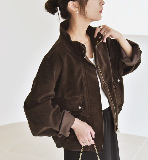 quaranciel「quaranciel〈洗濯機可能〉ポリエステル スエード スタンドカラー ジップ ショート ブルゾン」|ブルゾン・スタジャン|