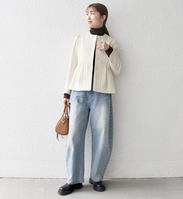 SHIPS any「SHIPS any:〈手洗い可能〉ジャカード ノーカラー ペプラム ジャケット［NAVY BLUE］」|ノーカラージャケット|