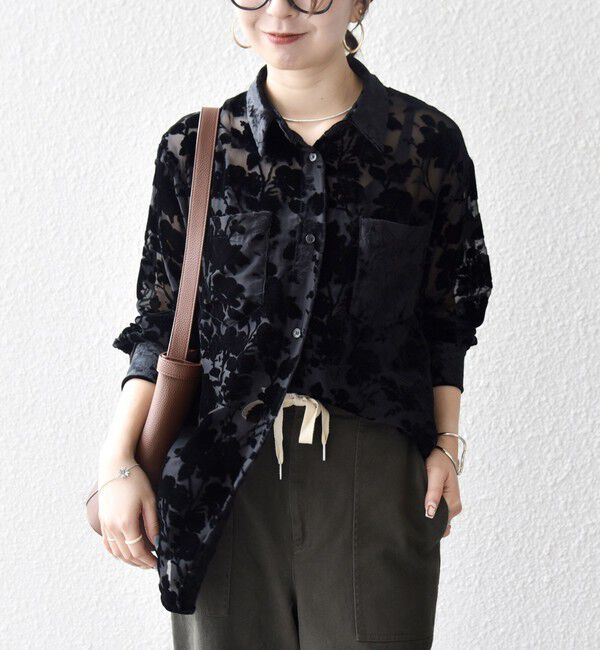 SHIPS any「SHIPS any:〈手洗い可能〉フラワー オパール シアー シャツ ブラウス」|シャツ・ブラウス|ブラック