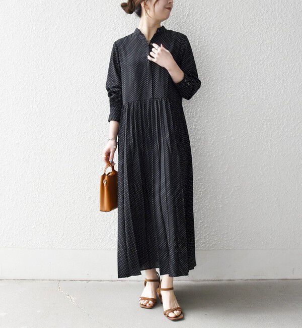 SHIPS any「SHIPS any:〈手洗い可能〉ドット バンドカラー プリーツ ロング ワンピース」|ワンピース|