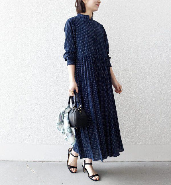 SHIPS any「SHIPS any:〈手洗い可能〉ドット バンドカラー プリーツ ロング ワンピース」|ワンピース|