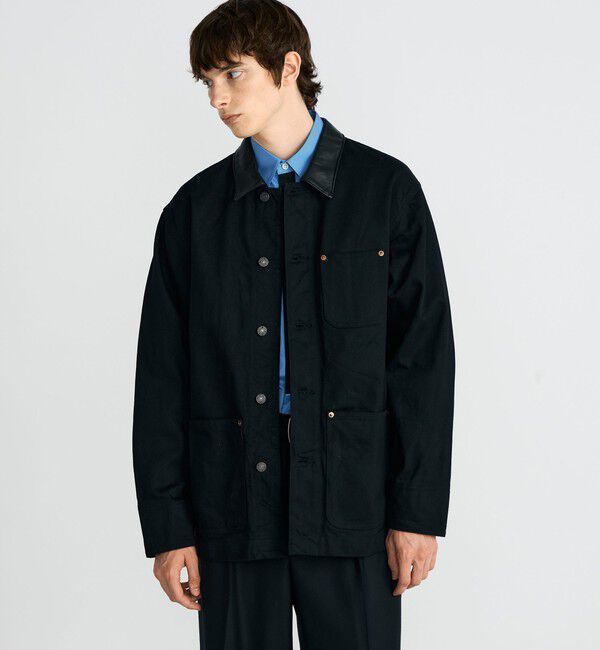 Edition「ブラックデニム レザーカラーカバーオール」|ブルゾン・スタジャン|