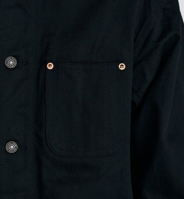 Edition「ブラックデニム レザーカラーカバーオール」|ブルゾン・スタジャン|