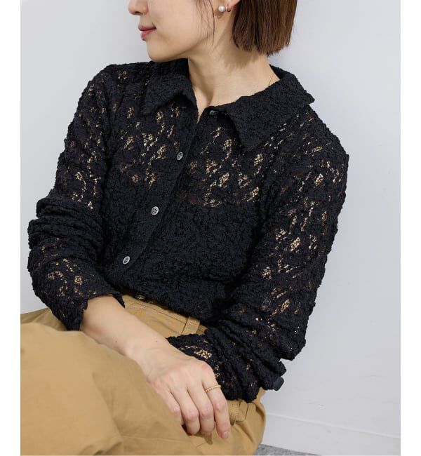 IENA「《追加》Flowerストレッチレース ポロシャツ」|Tシャツ・カットソー|ブラック