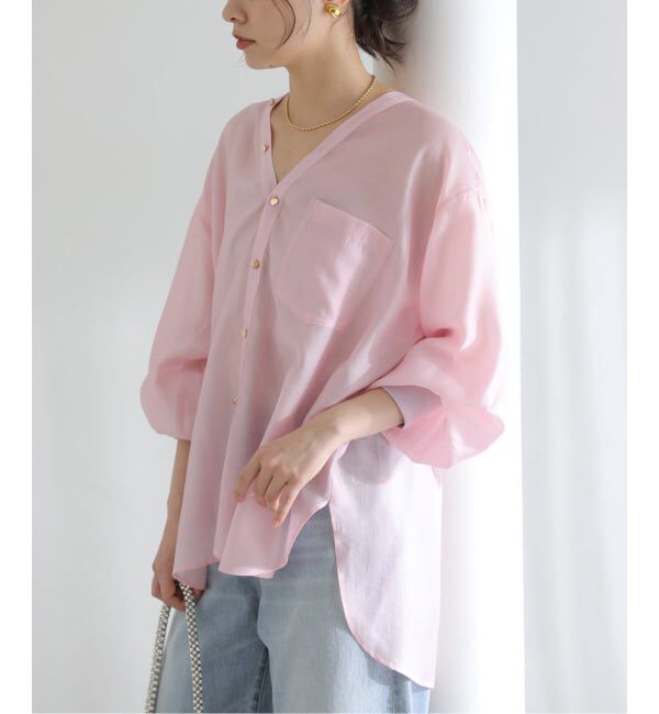  「【洗える】Vネックシアーシャツ」|シャツ・ブラウス|ピンク B