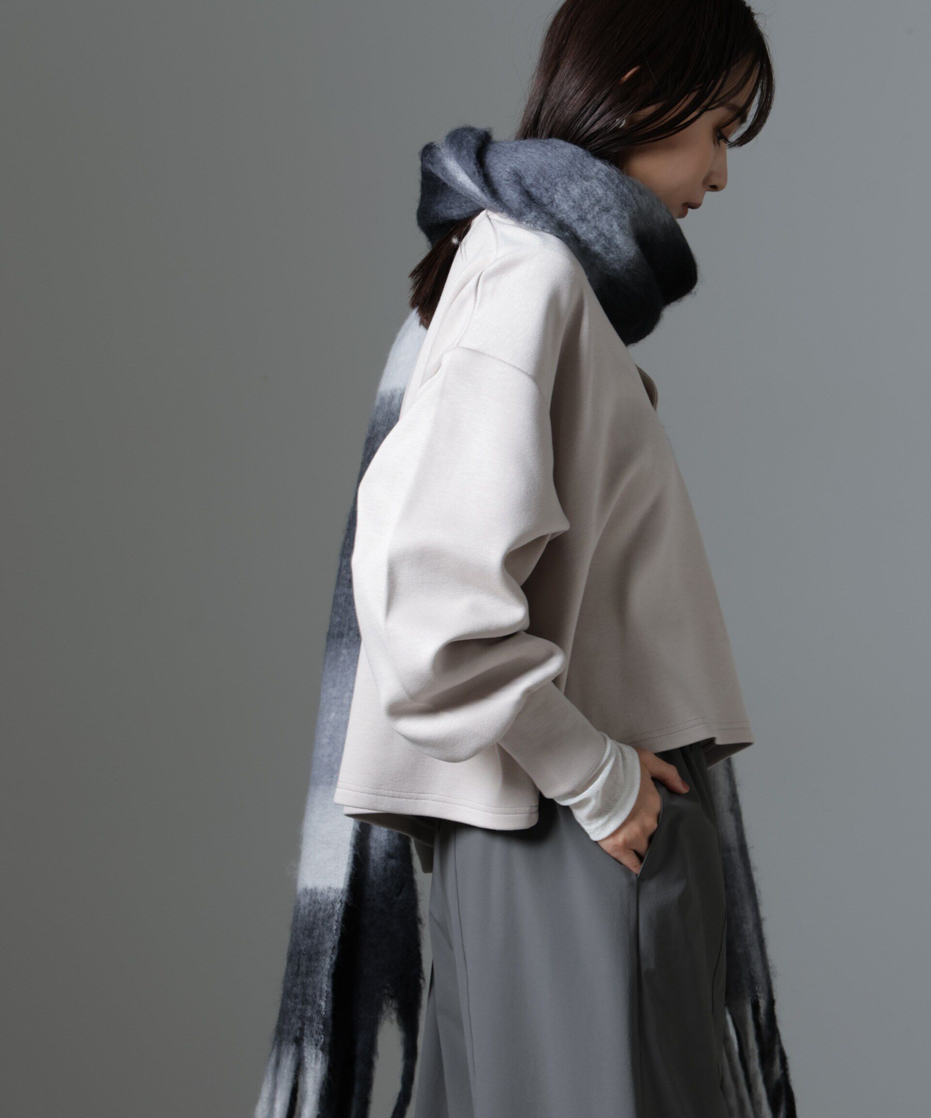 nano･universe「裏起毛ダンボールカットキーネックトップス（セットアップ可）」|Tシャツ・カットソー|