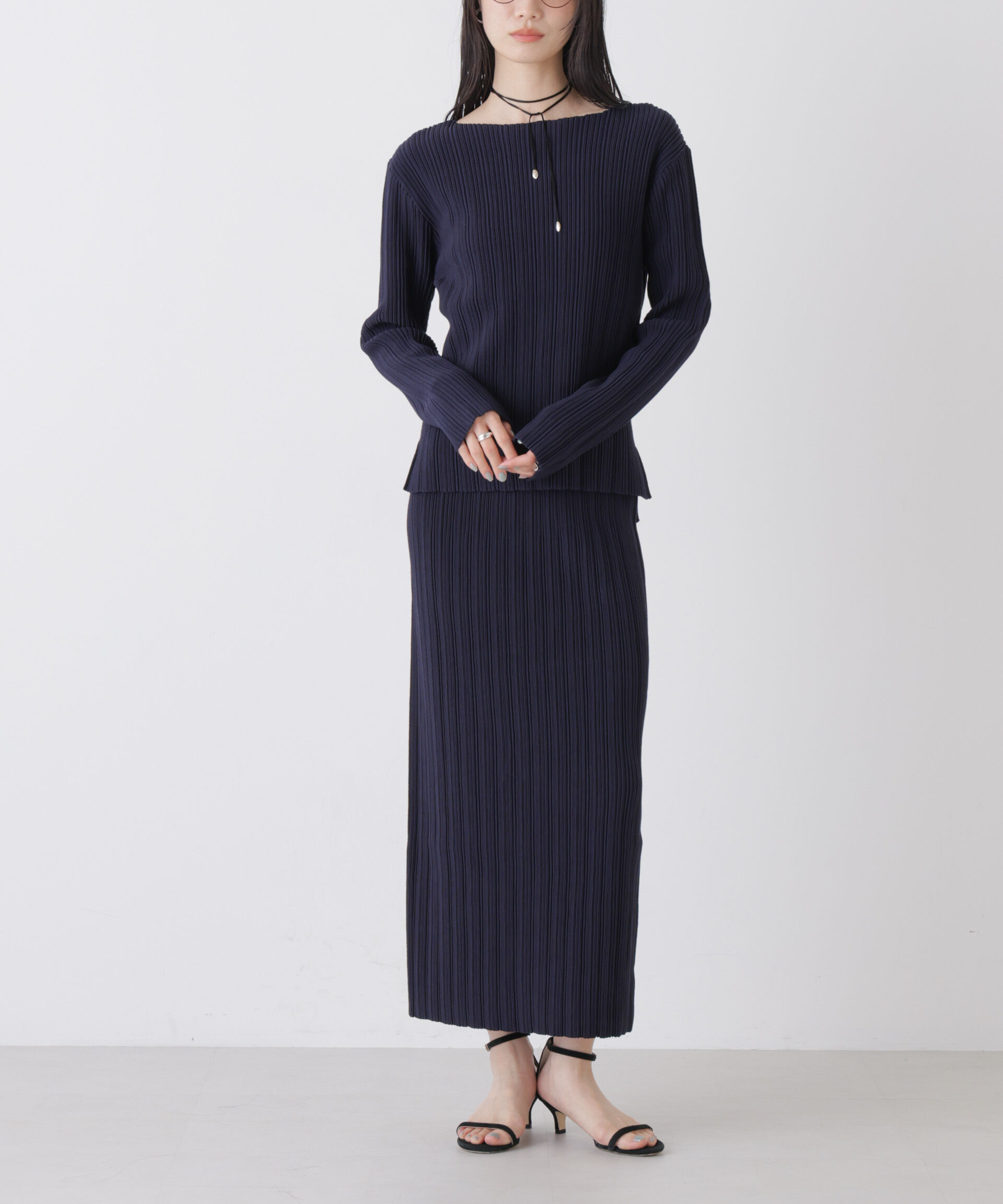 nano･universe「プリーツニットナロースカート(セットアップ可)」|スカート|D.ネイビー1